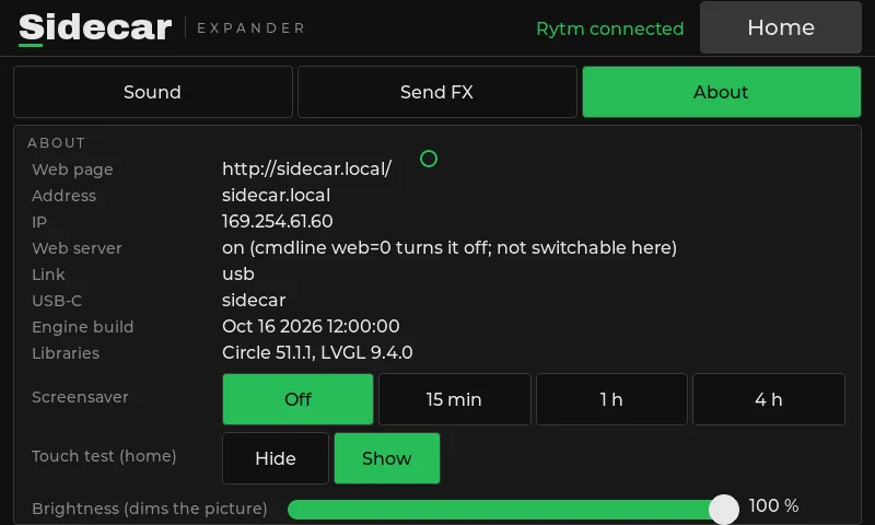 Settings, About page: web address, IP, link, build, screensaver, the touch test toggle and brightness