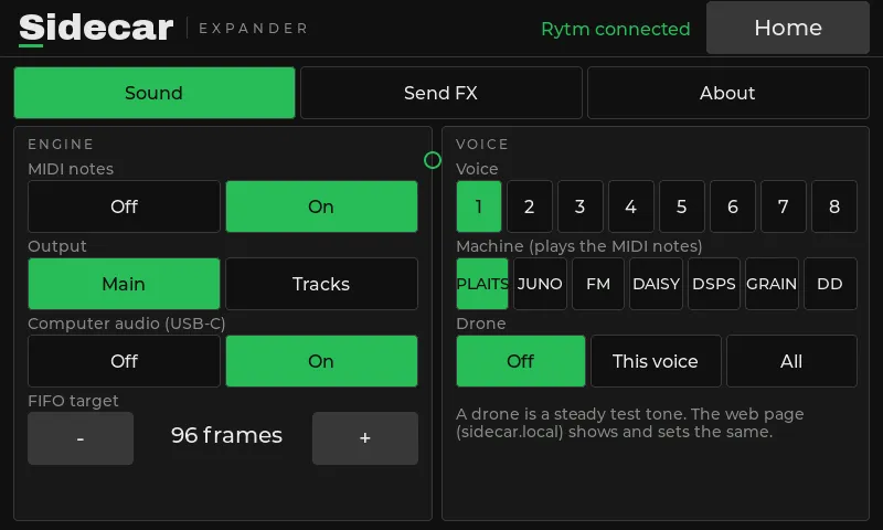 Settings, Sound page: MIDI notes, output, computer audio, FIFO target; per voice the machine and a test drone