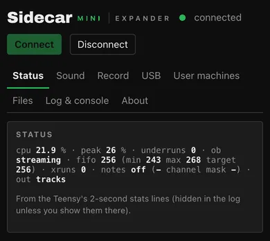 The Sidecar Mini console in dark mode on a phone, Status tab