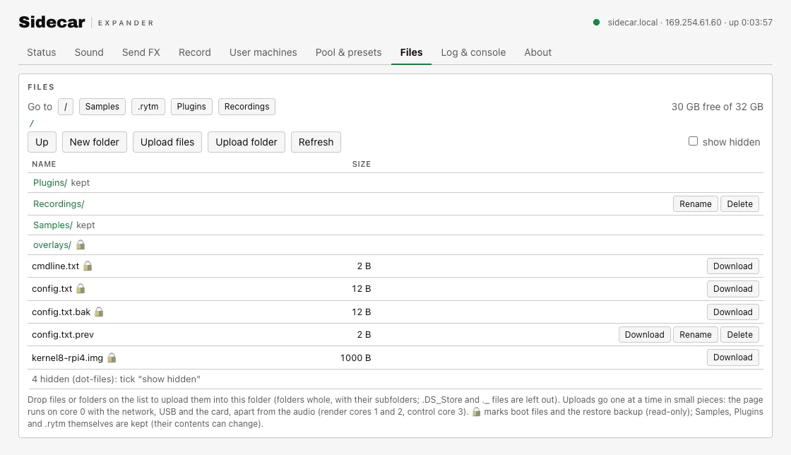 sidecar.local, Files tab: the card’s folders, protected boot files, upload files and folders