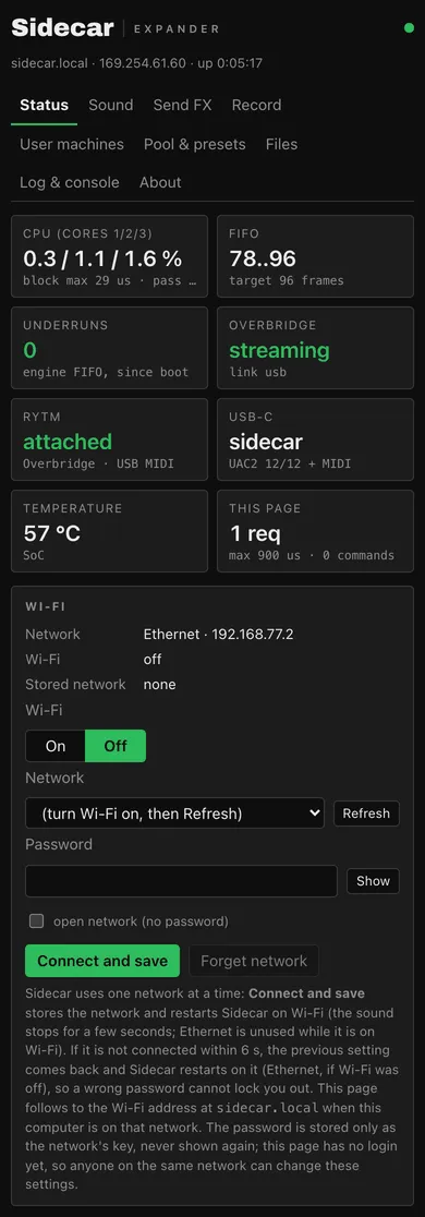 sidecar.local in dark mode on a phone, Status tab