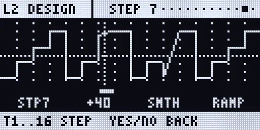 The LFO design view: 16 steps with HOLD, RAMP and SMTH shapes, step 7 selected