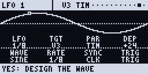 The LFO page: LFO 1 on voice 3’s TIM, a sine synced to 1/8, retrig on the trig