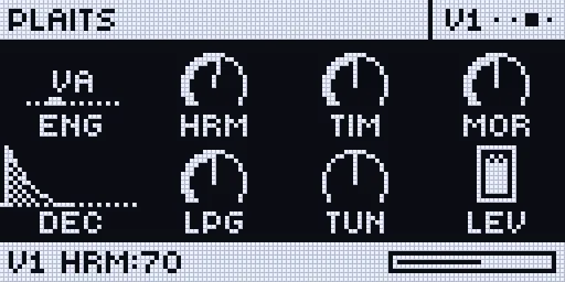 A PLAITS voice page: ENG with the model VA, HRM, TIM, MOR, the decay curve, LPG, TUN, LEV, and HRM in the bottom bar