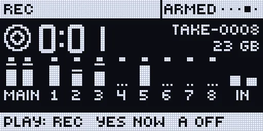 The REC page, armed: the take’s time, TAKE-0008, 23 GB free, the meters, PLAY: REC