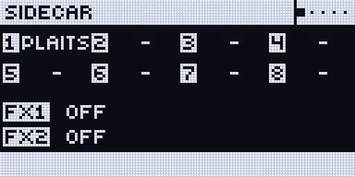 The SIDECAR page: voices 1-8 with their machines, FX1 and FX2