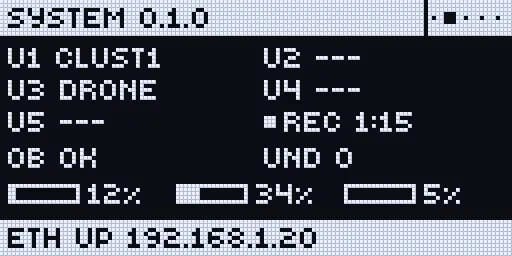 The SYSTEM page: U1..U5, REC 1, OB OK, UND 0, three core loads, ETH UP and the address